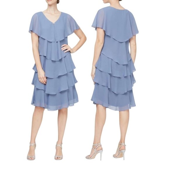 S.L. Fashions Womens Periwinkle Short Sleeve Tiered Chiffon Cocktail Dress Sz 6 - Picture 13 of 14
